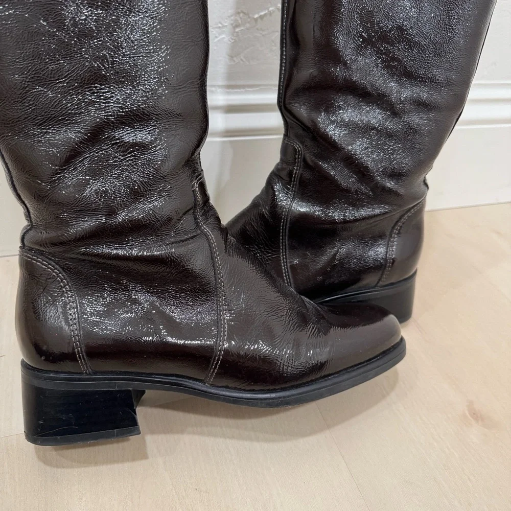 La CANADIENNE Laney Knee Boots Women's 6.5 Patent Dark Brown Waterproof Leather